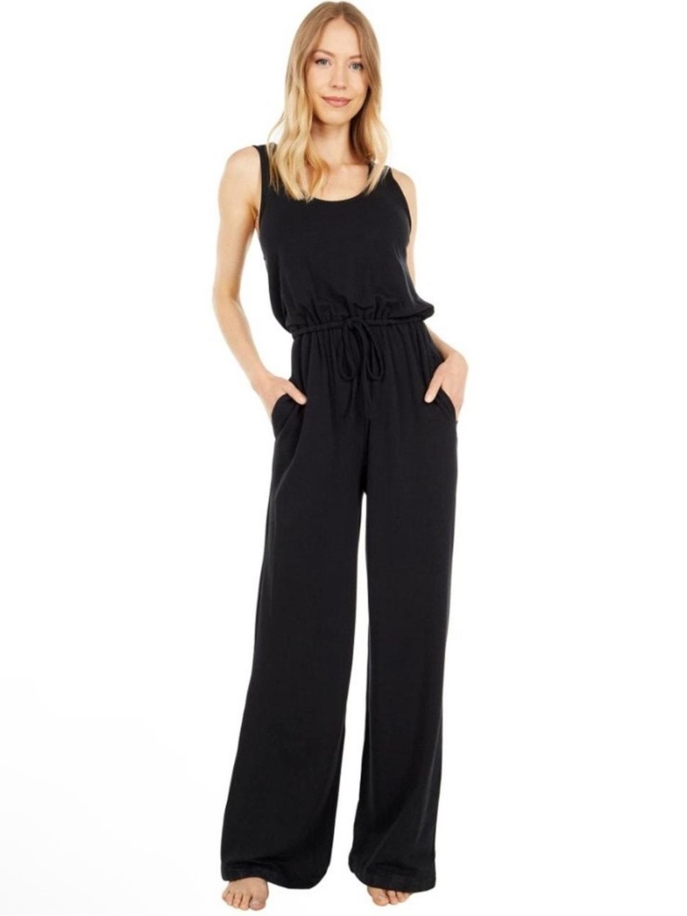 Barefoot Dreams Black Sleeveless Wide-Leg Drawstring Jumpsuit